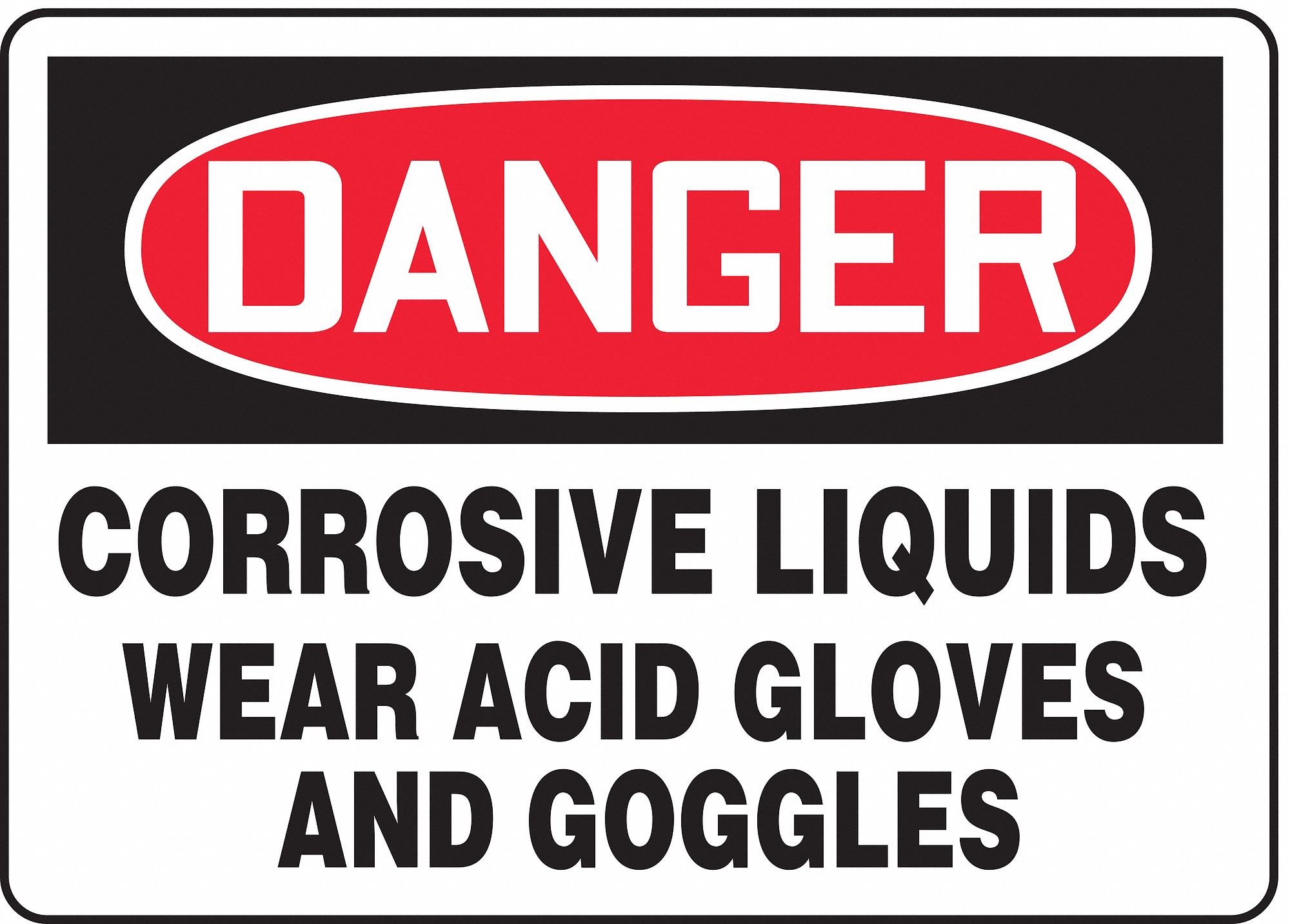 Danger Sign, Corrosive Liquids Wear Acid Gloves And Goggles, Header