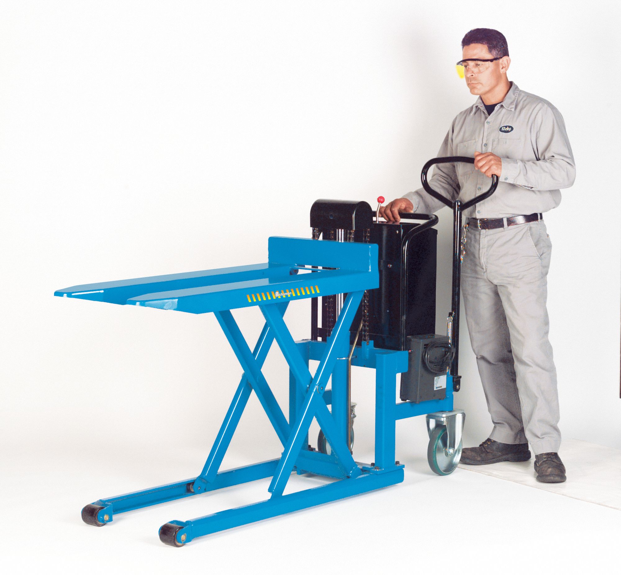 BISHAMON PoweredLift/ManualPush HighLift Pallet Jack, 1,000 lb Load