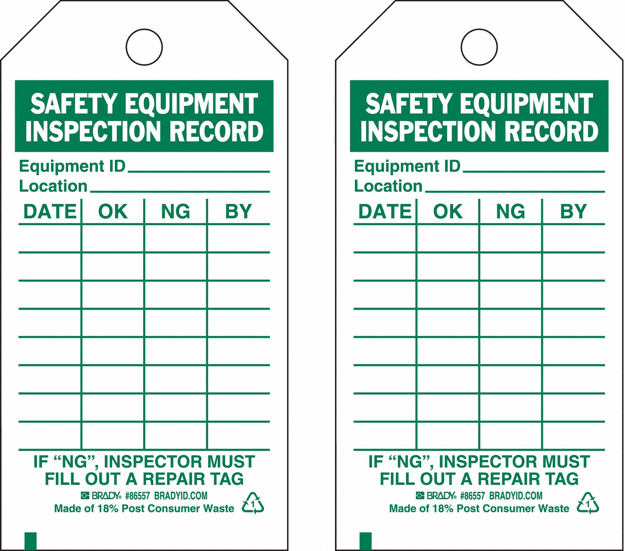 BRADY Safety Inspection Tag, Safety Equipment Inspection Record, 5 3/4