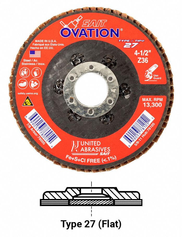 UNITED ABRASIVESSAIT, Type 27, 4 1/2 in x 7/8 in, Flap Disc 5LTU3