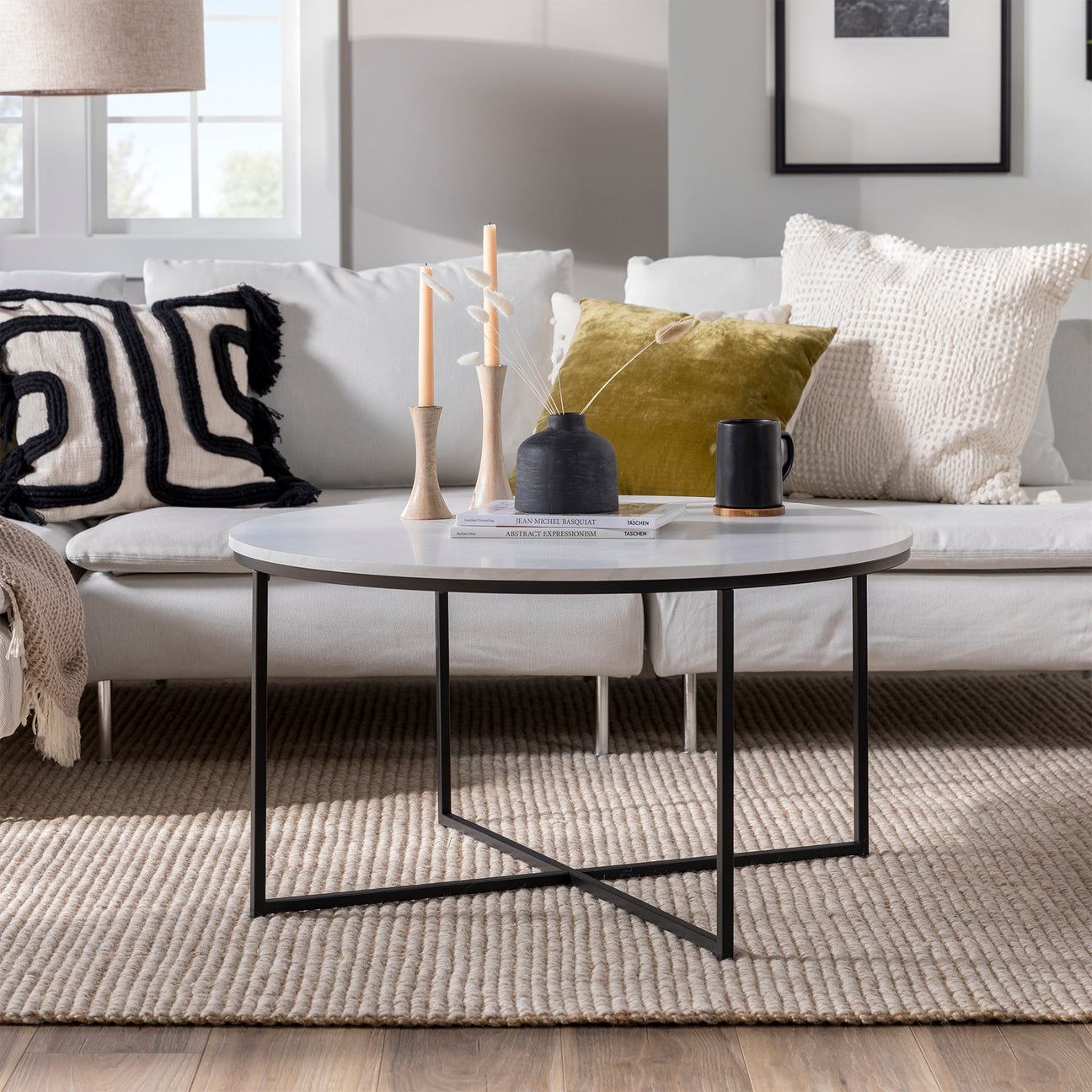 Alissa Coffee Table with XBase Faux White Marble/Black Contour & Co. Havenly