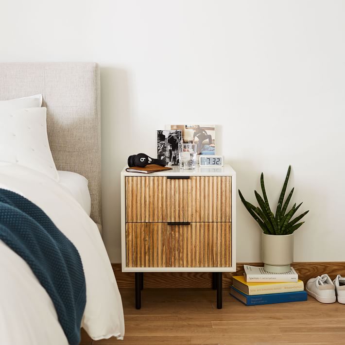 Quinn Wood Storage Nightstand, White + Rubberwood, Antique Bronze, Set