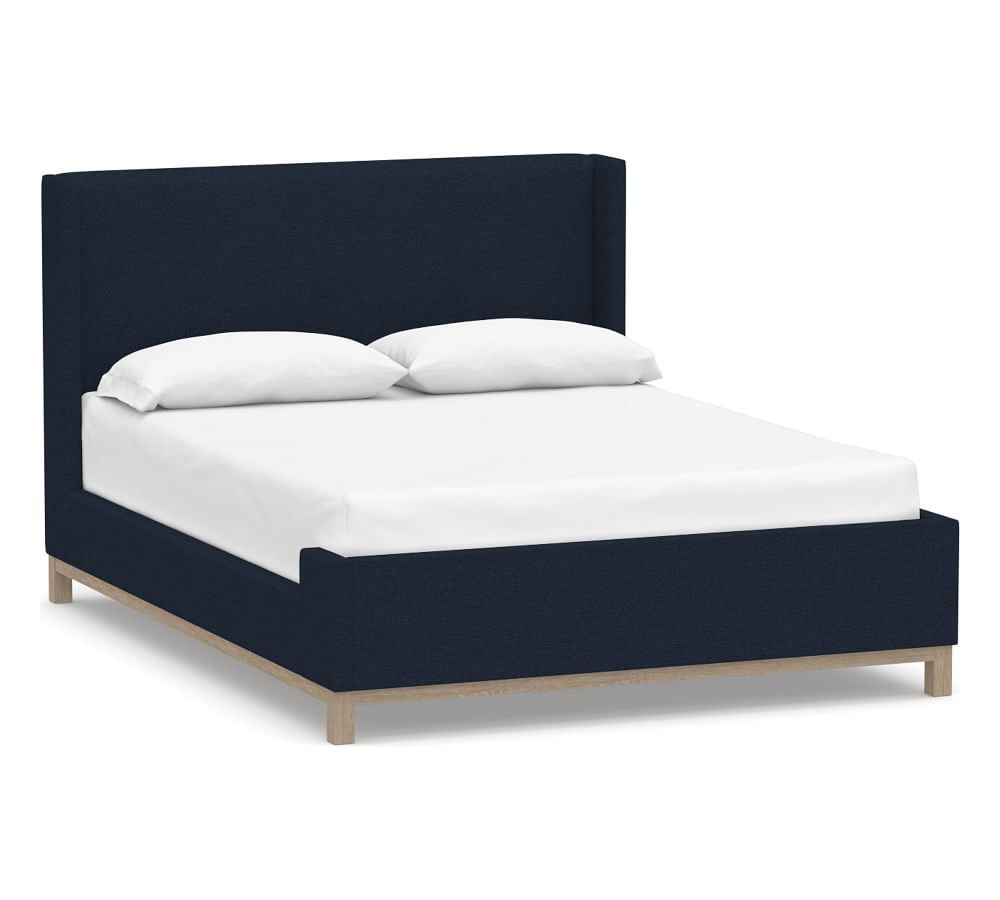 Jake Upholstered Platform Sleigh Bed, King, Performance Heathered Basketweave Navy Pottery