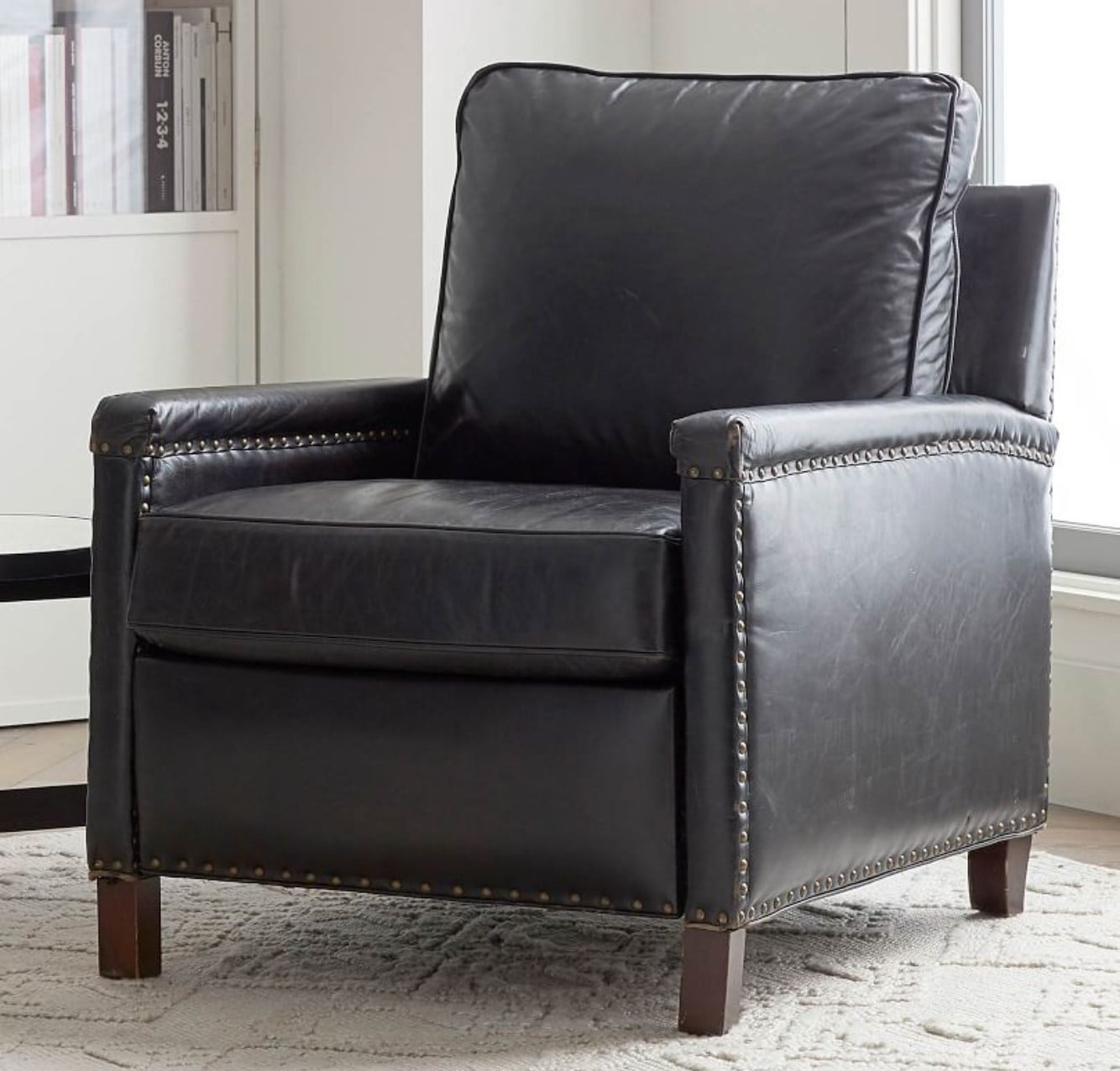 Tyler Leather Square Arm Recliner With Nailheads Pottery Barn Havenly