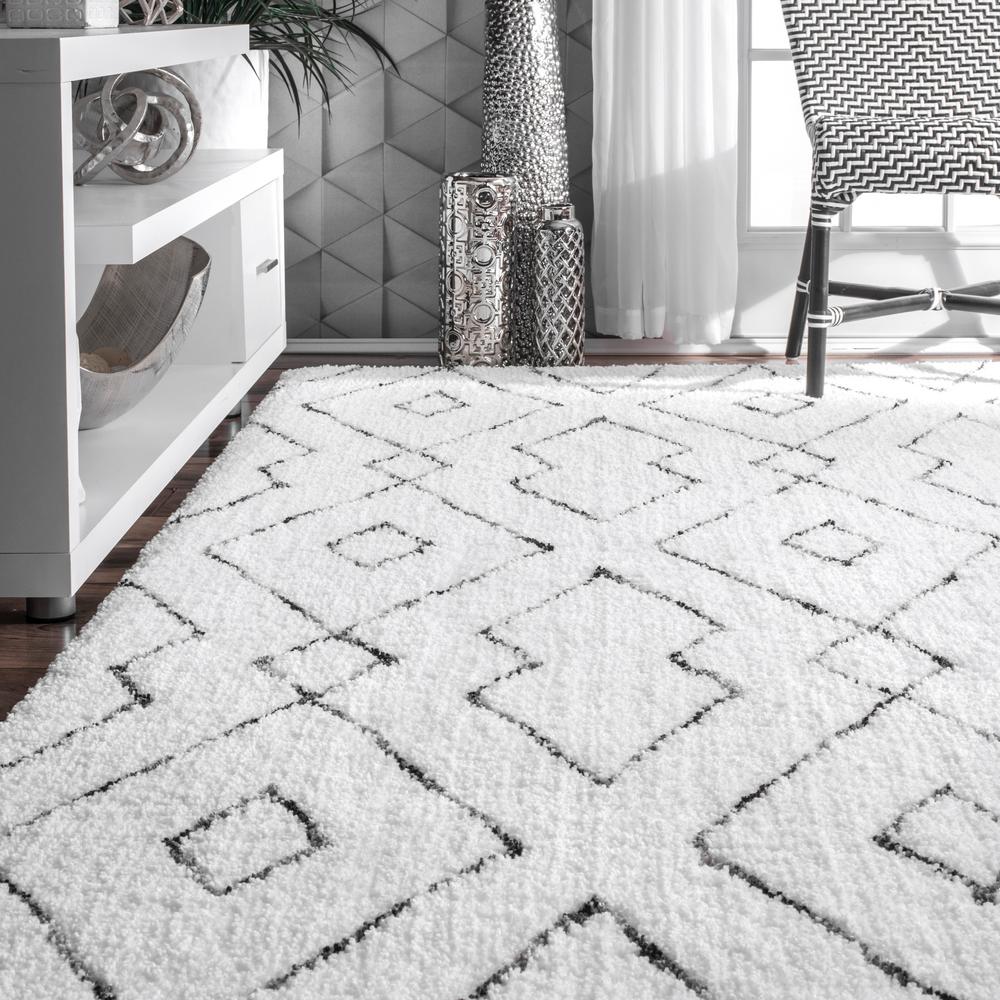 Beaulah Modern Geometric Shag White Area Rug Home Depot Havenly