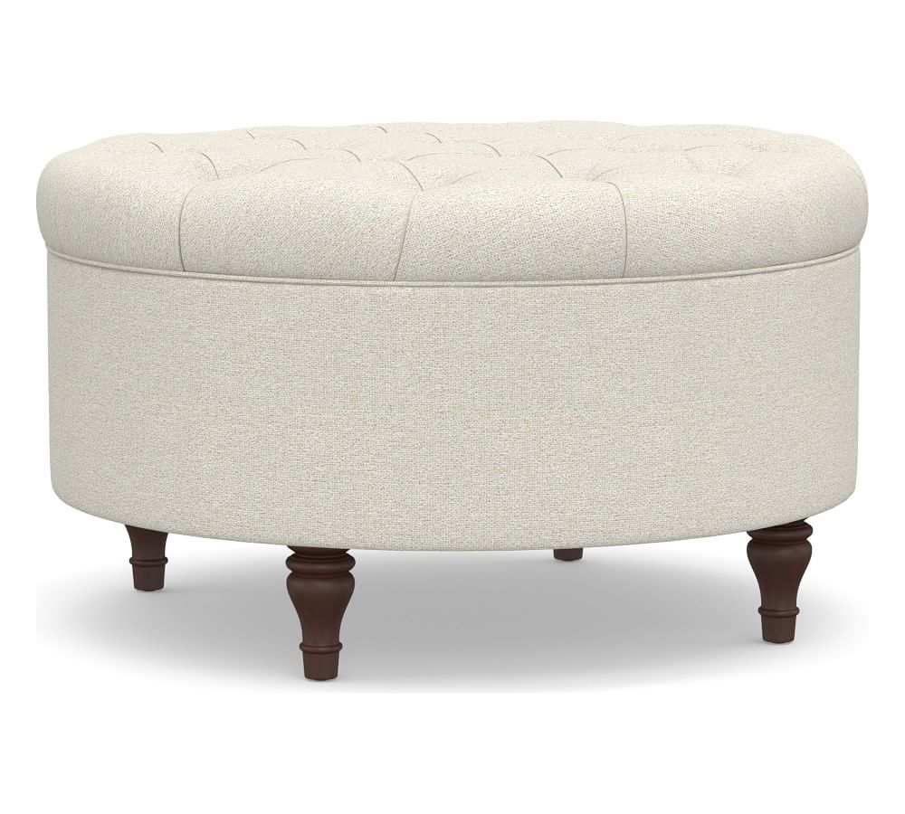 Lorraine Upholstered Round Storage Ottoman, Performance Boucle Oatmeal