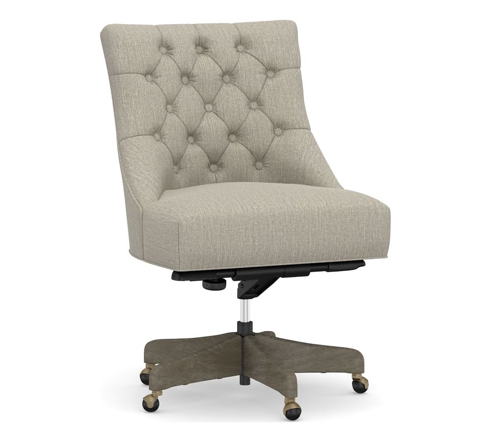 Hayes Upholstered Tufted Swivel Desk Chair, Gray Wash Frame, Chenille
