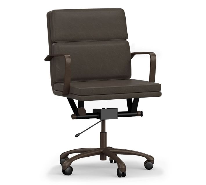 Nash Leather Swivel Desk Chair, Bronze Base, Vintage Charcoal Pottery