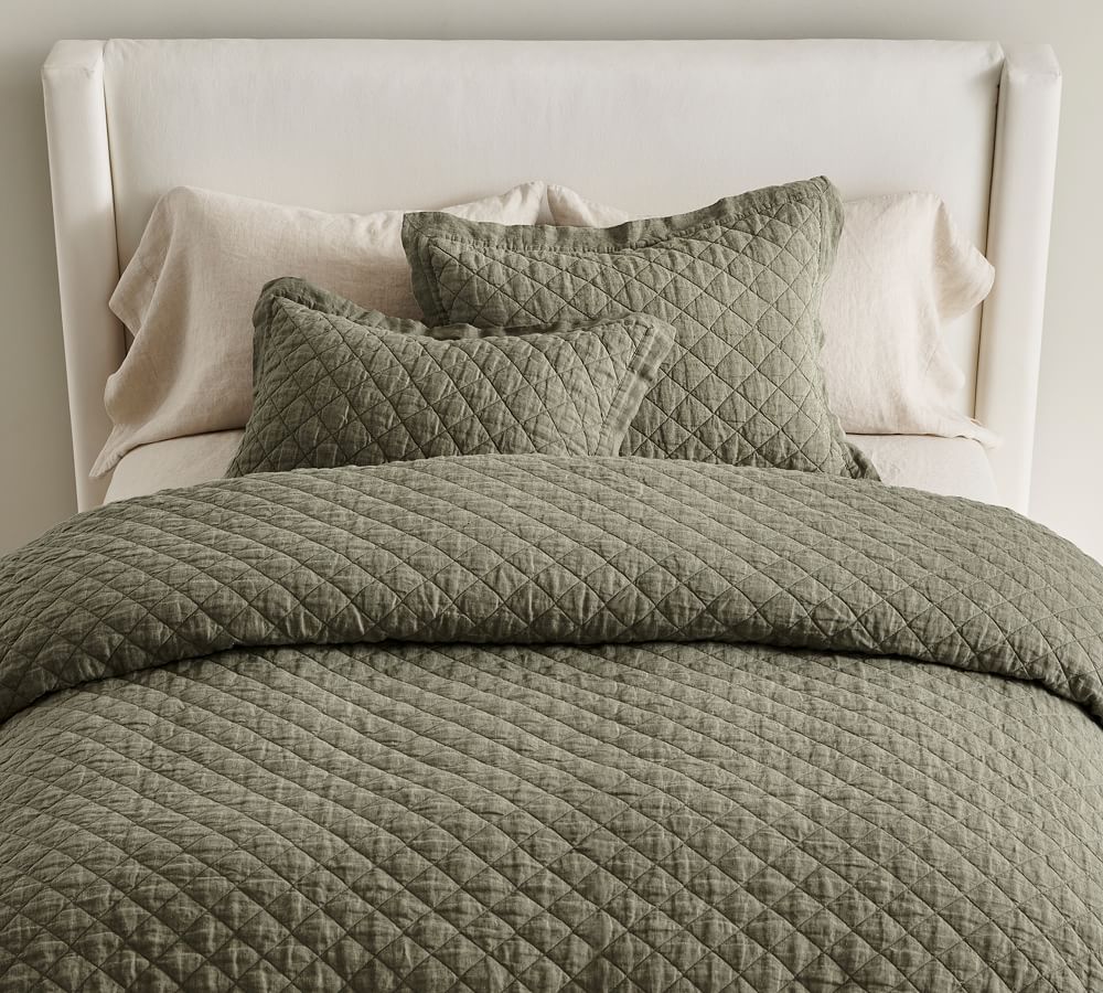 Loden Belgian Flax Linen Diamond Quilt, Full/Queen Pottery Barn Havenly