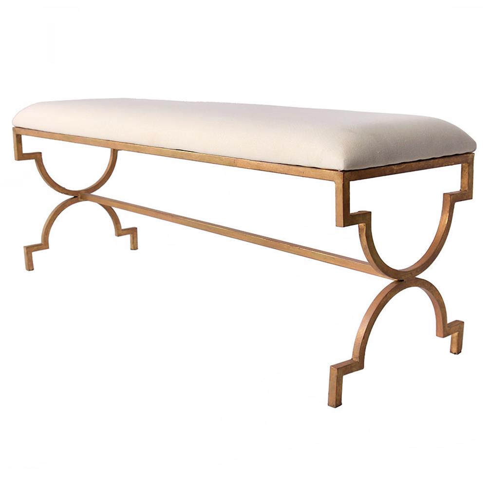Delrey Modern Antique Gold Frame Beige Upholstered Bench Kathy Kuo