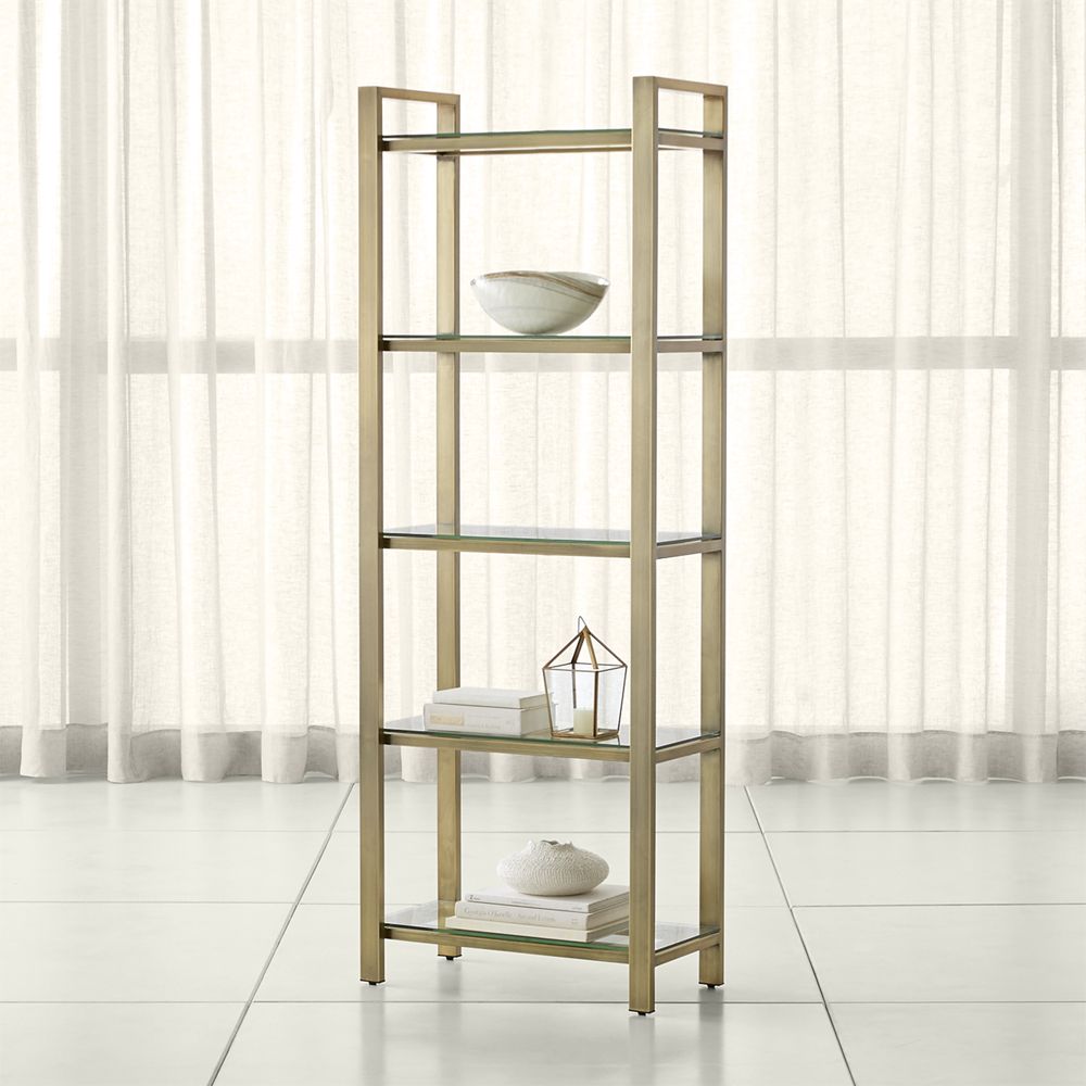 Pilsen Brass Bookcase with Glass Shelves Crate and Barrel Havenly
