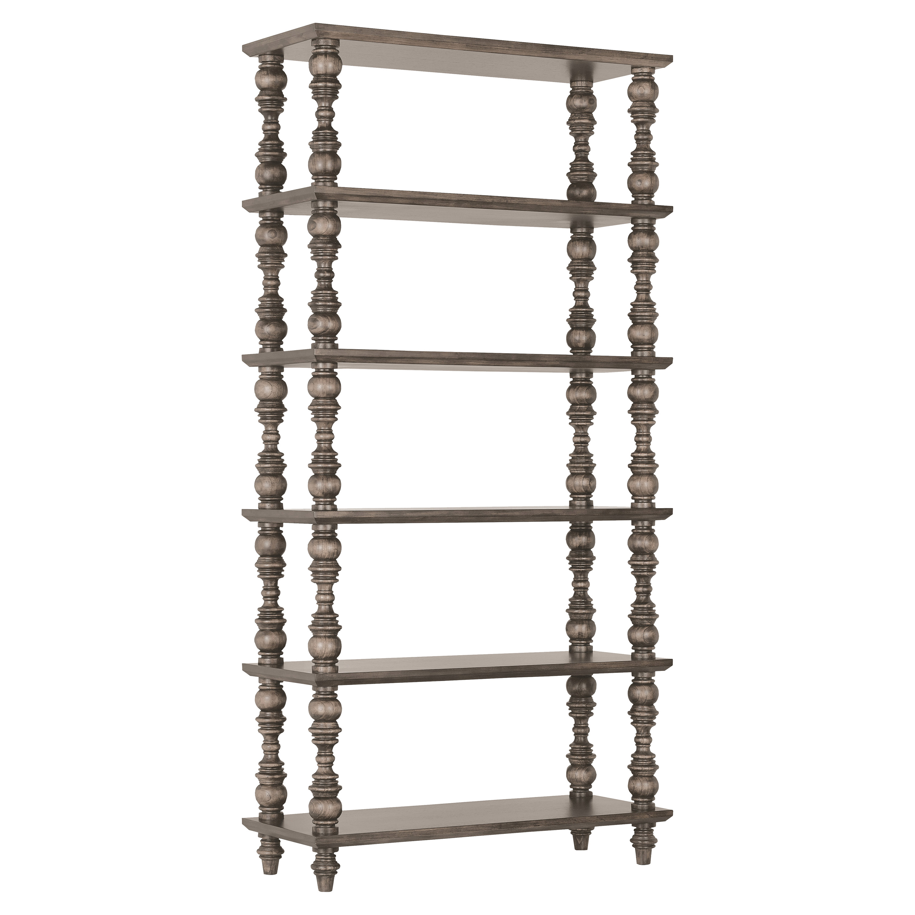 Luker Modern Classic 6 Shelf Turned Grey Wood Etagere Bookcase Kathy