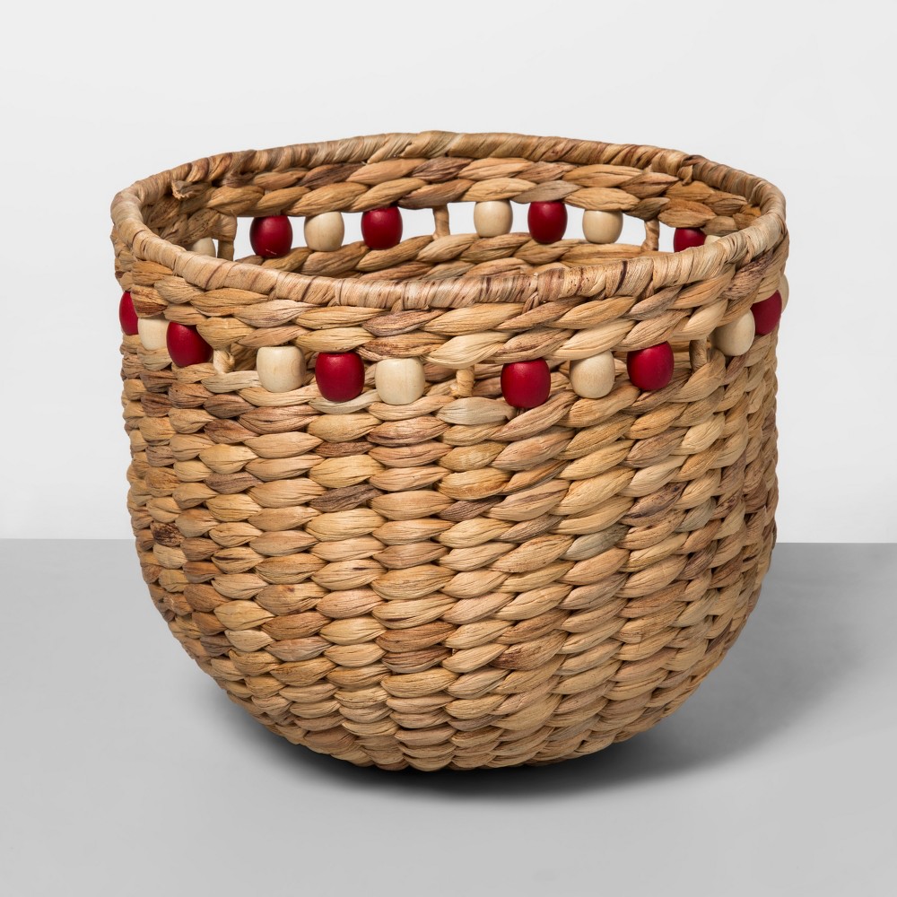 9.4" x 8" Water Hyacinth Beaded Woven Basket Natural/Red Opalhouse
