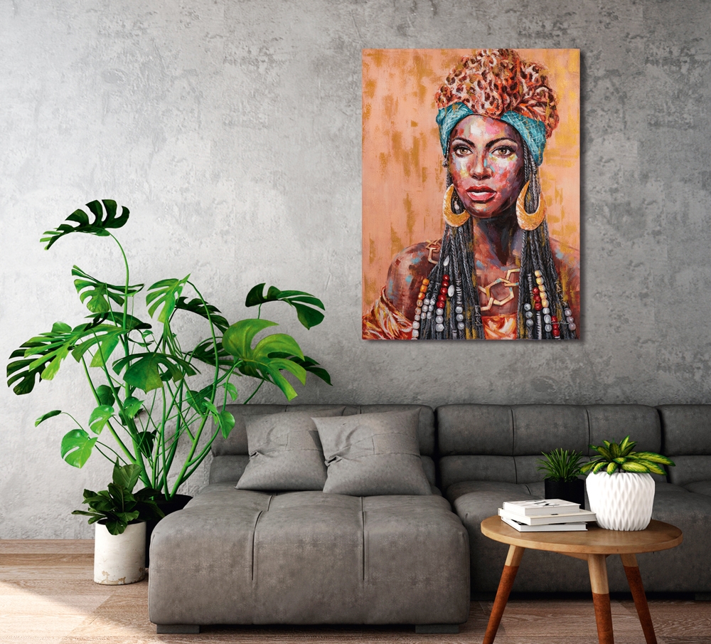 Beauty with african headdress Acrylic painting 90x120 cm