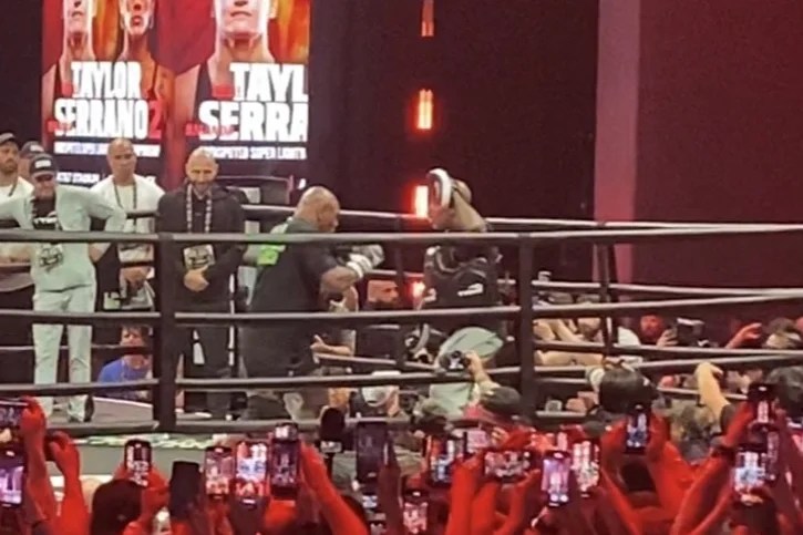 rewrite this title Mike Tyson takes ferocious approach in open workout for Jake Paul fight
