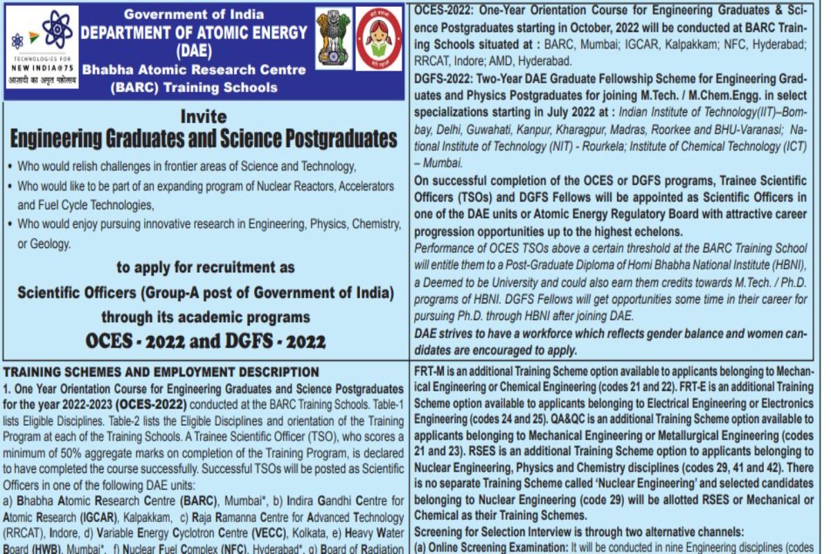 BARC Recruitment 2022 Applications Invited For Scientific Officers