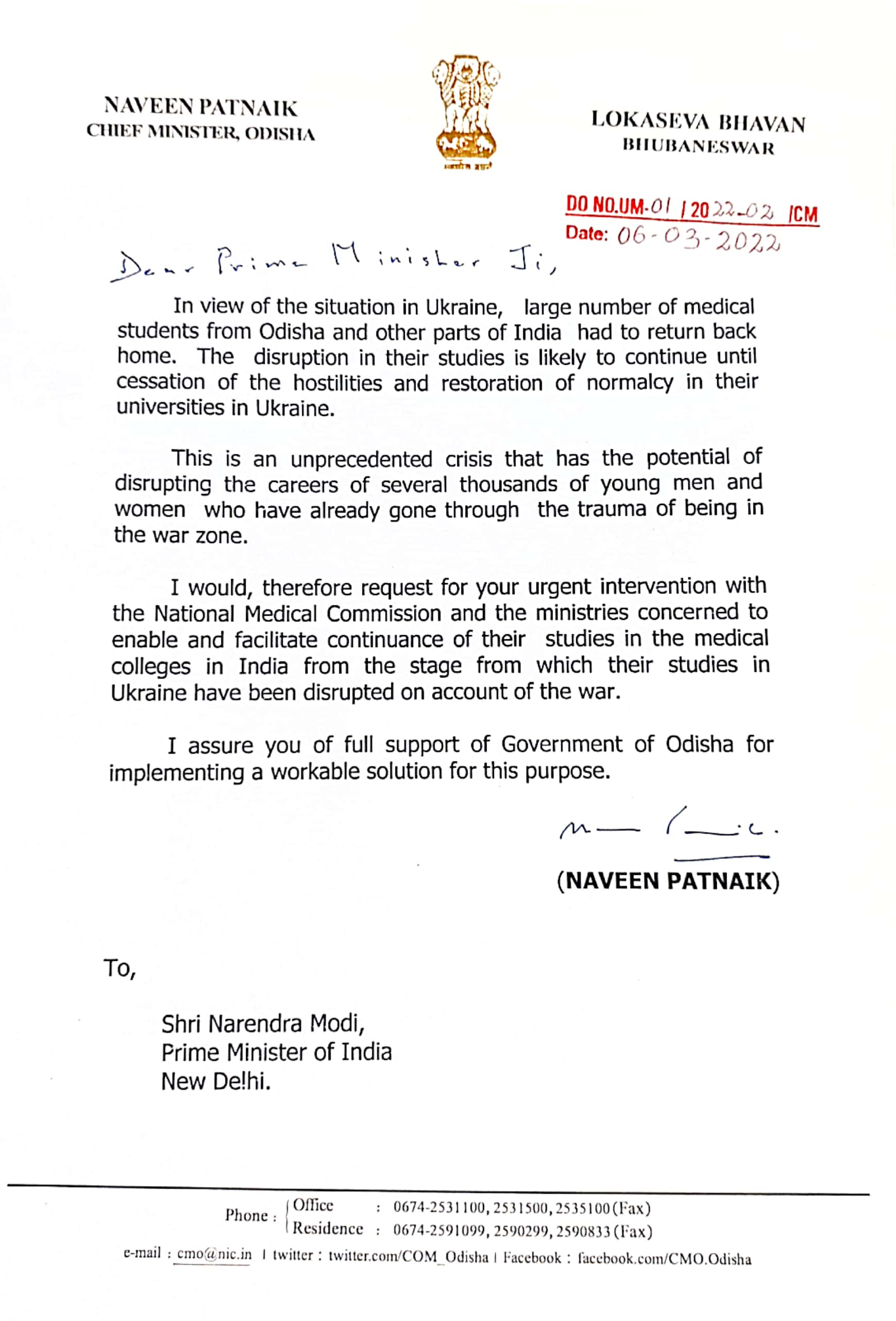 Odisha CM Writes to PM Modi For Indian Medical Students Returned From
