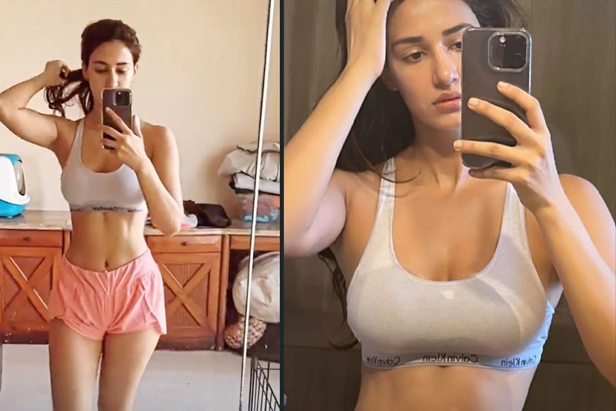 Disha Patani Oozes Oomph in Grey Sports Bra And Pink Shorts as She