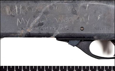"My ELF Weapon" message on Alexis' Remington 870 shotgun. Photo: FBI