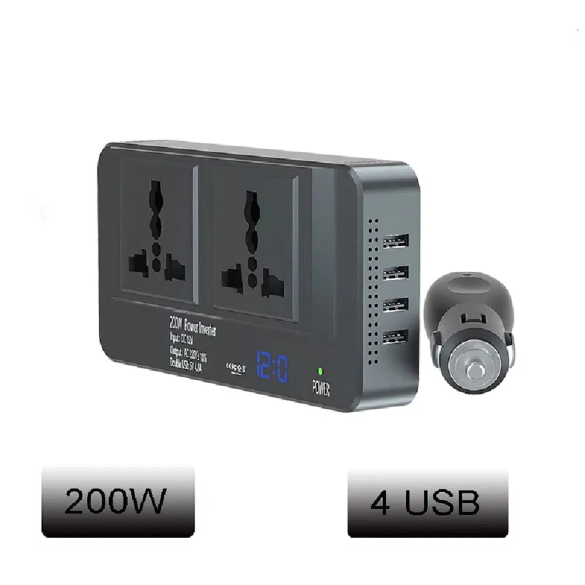 200W Socket 12V To 220V Inverter Voltage with 4 USB Cigarette Lighter