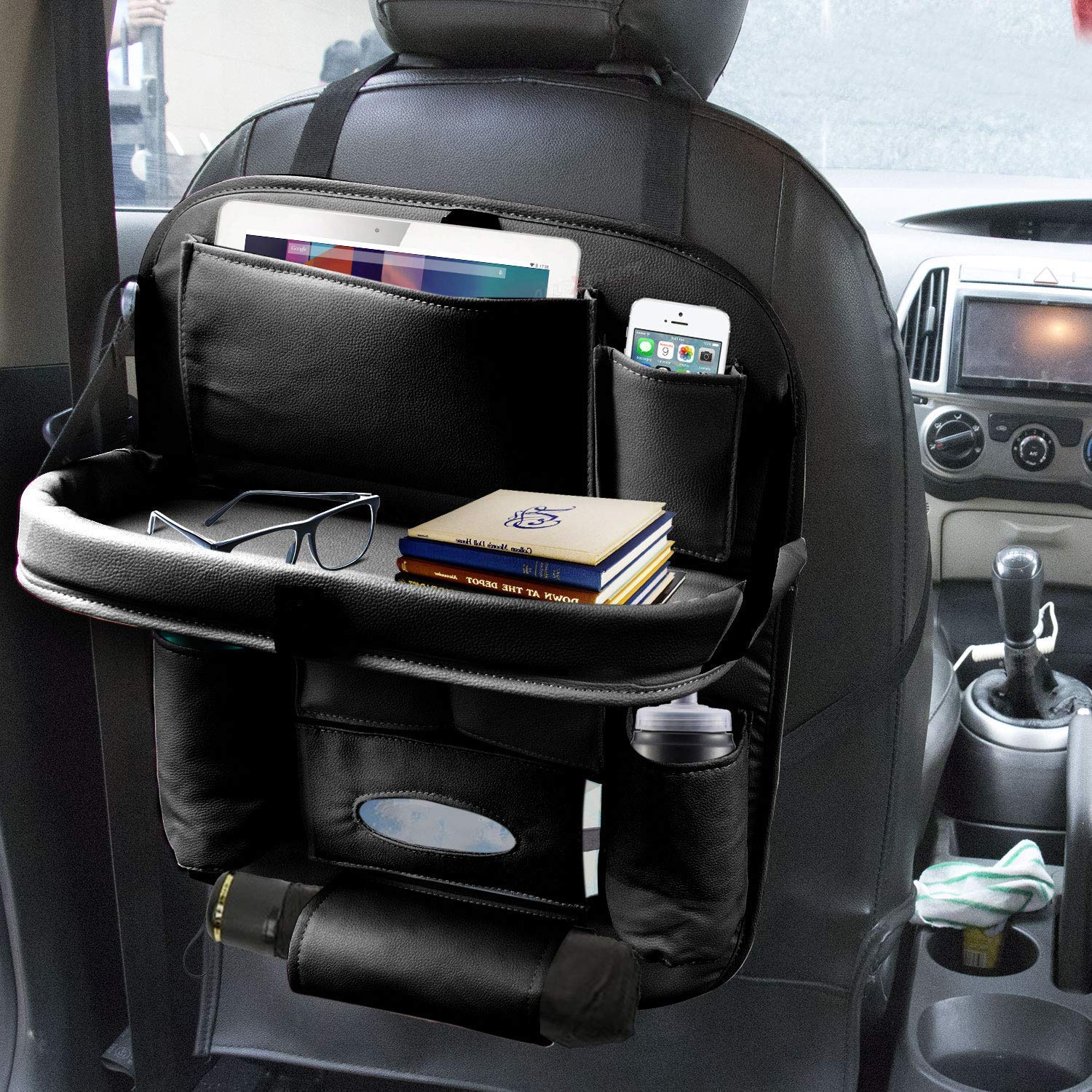 Universal Pu Leather Back Seat Organizer With Foldable Dining Table
