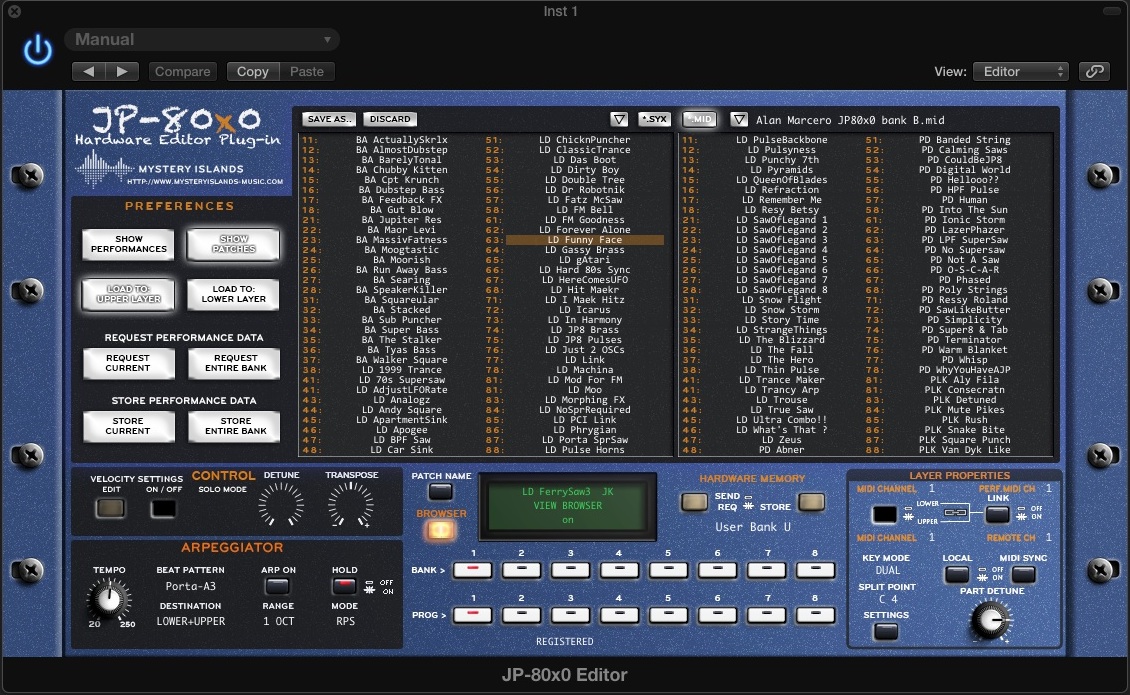 Mystery Islands Music announces "JP80x0 Editor" AU and VSTi plugin