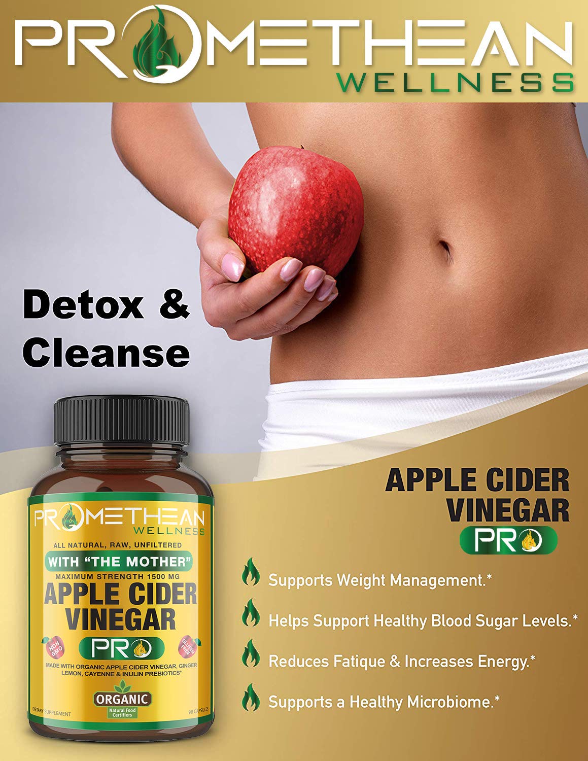 Organic Apple Cider Vinegar Pro Capsules with Mother ACV Pills Detox