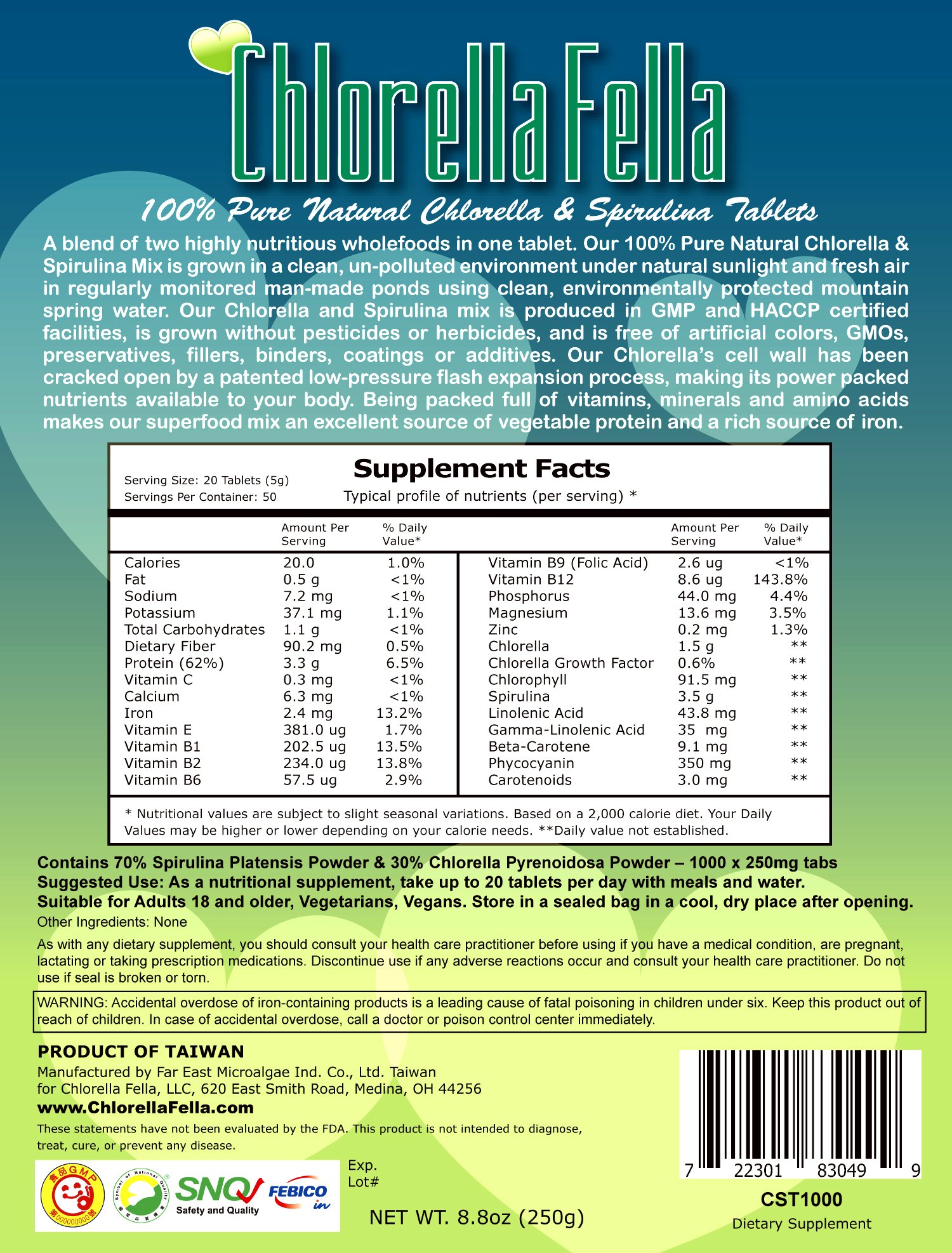 Spirulina/Chlorella Mix Tablets 100 Pure Natural Taiwan Premier
