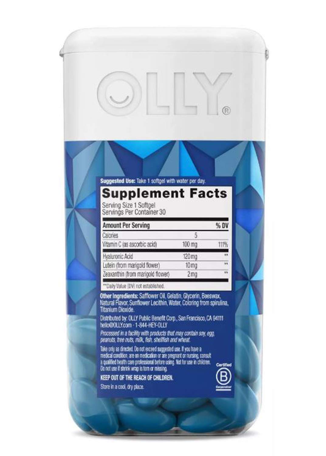 Olly Youthful Skin Supplement 30 Softgels! Formulated with Hyaluronic