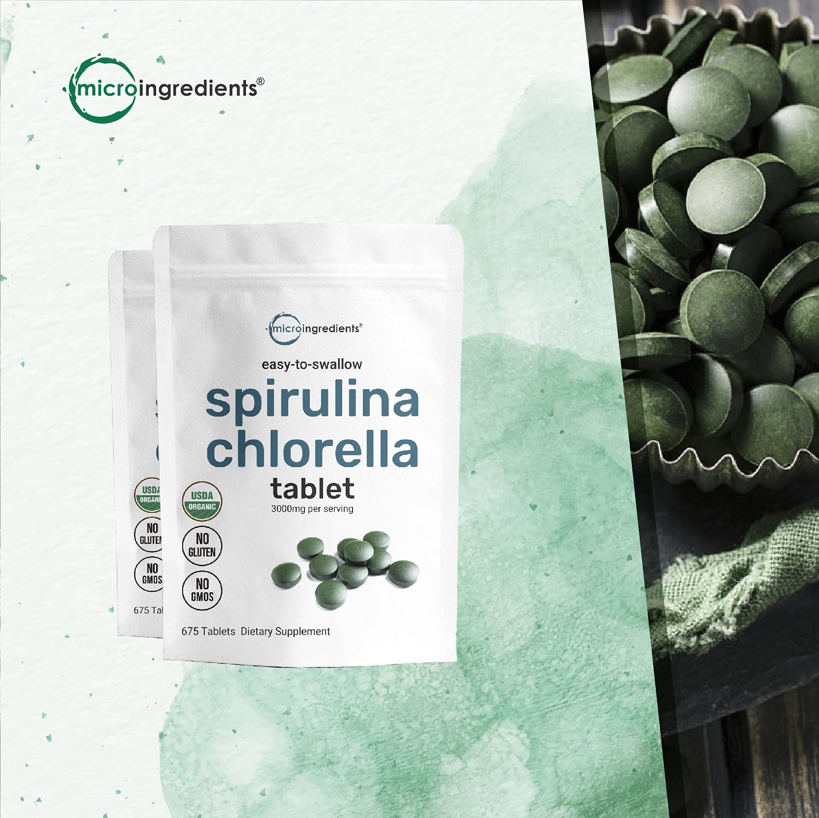 2 Pack USDA Organic Spirulina and Chlorella Supplement, 3000mg Per