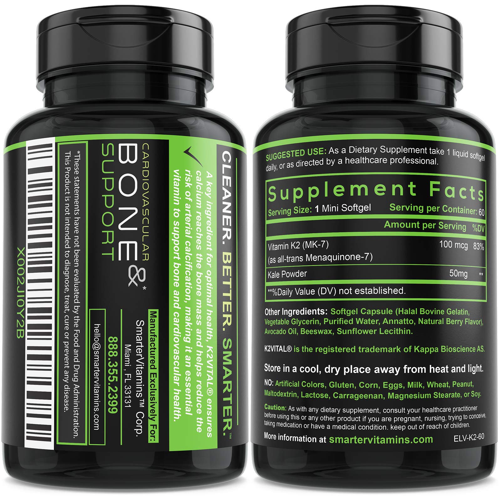 Smarter Vitamin K2 MK7 100mcg Made with K2VITAL and Kale for Bone Health & Cardiovascular