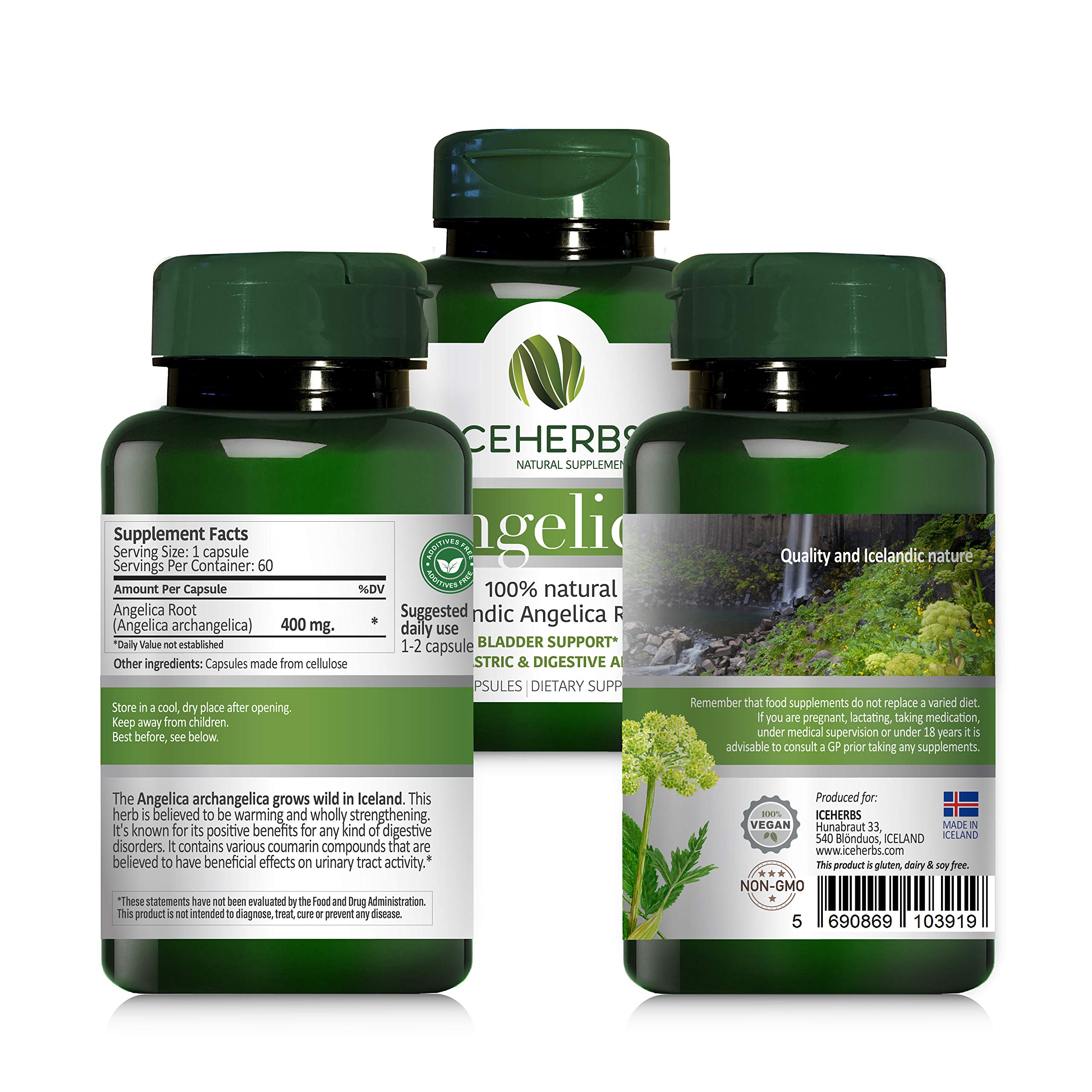 ICEHERBS Angelica Supplement 60 Vegan Capsules 100 Pure Icelandic