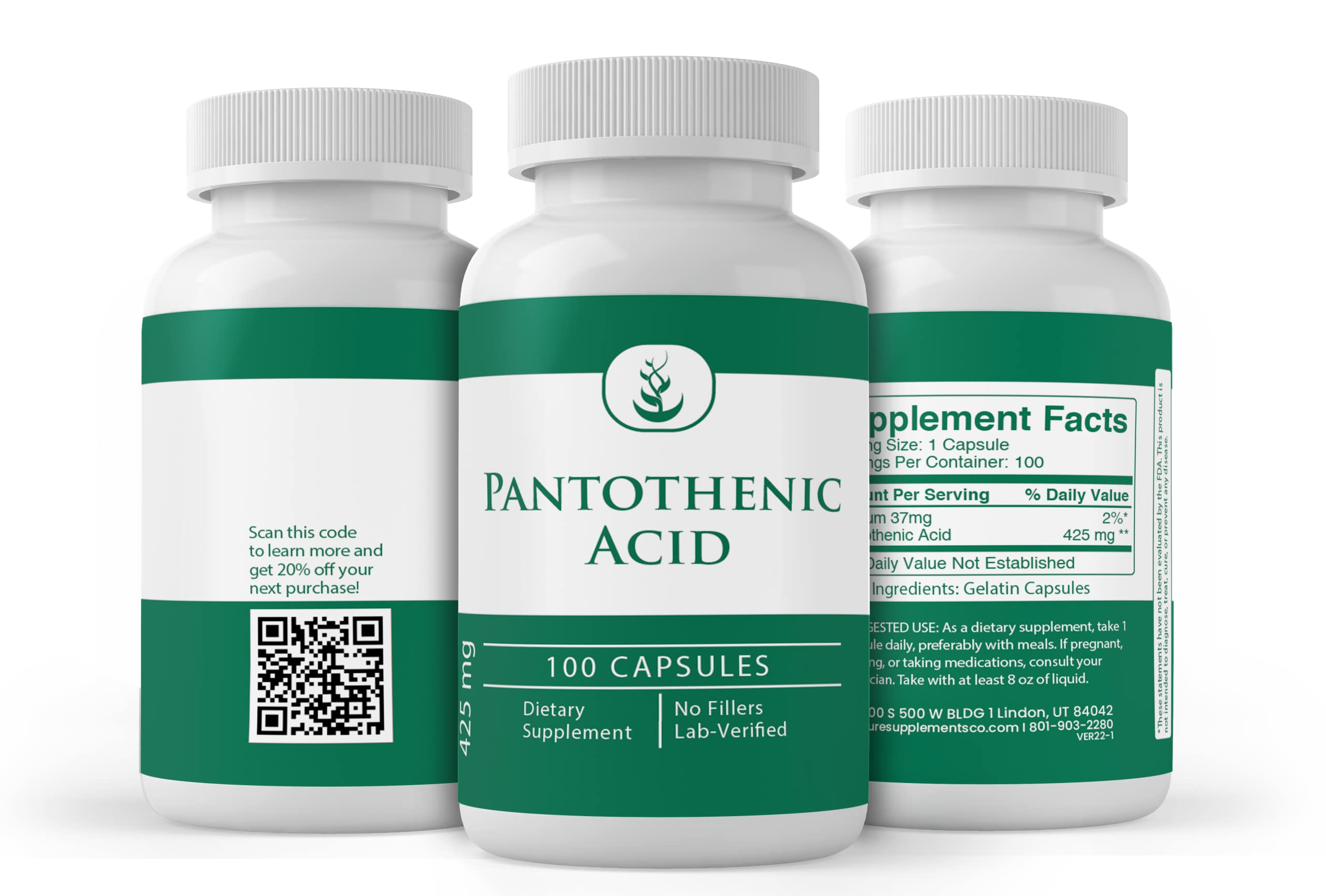 Pantothenic Acid (100 Capsules) 100 Pure, Vitamin B5, Calcium Supplement 100 Capsules LifeIRL