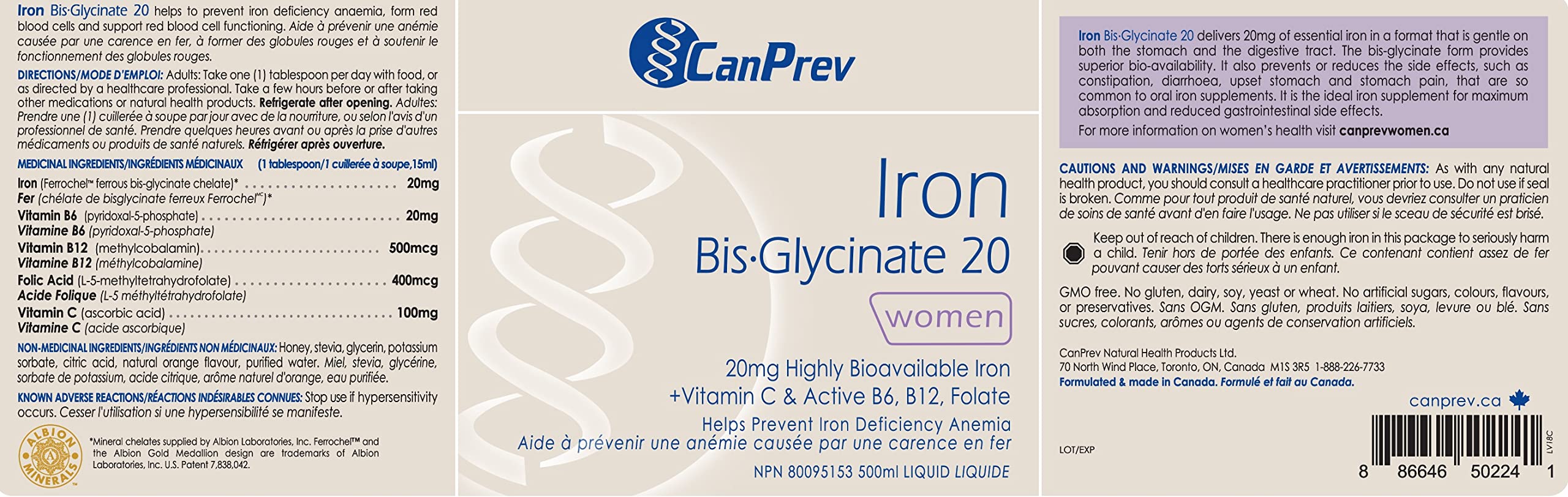 Canprev Iron BisGlycinate 20 Liquid, 500ml LifeIRL