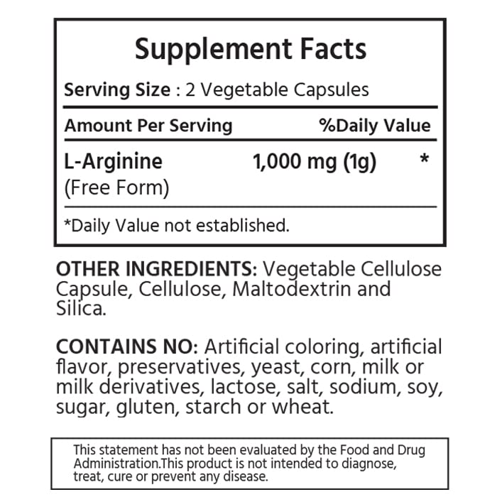 ML Naturals Pure LArginine 1000 mg 180 Vegetable Capsules. Amino Acid