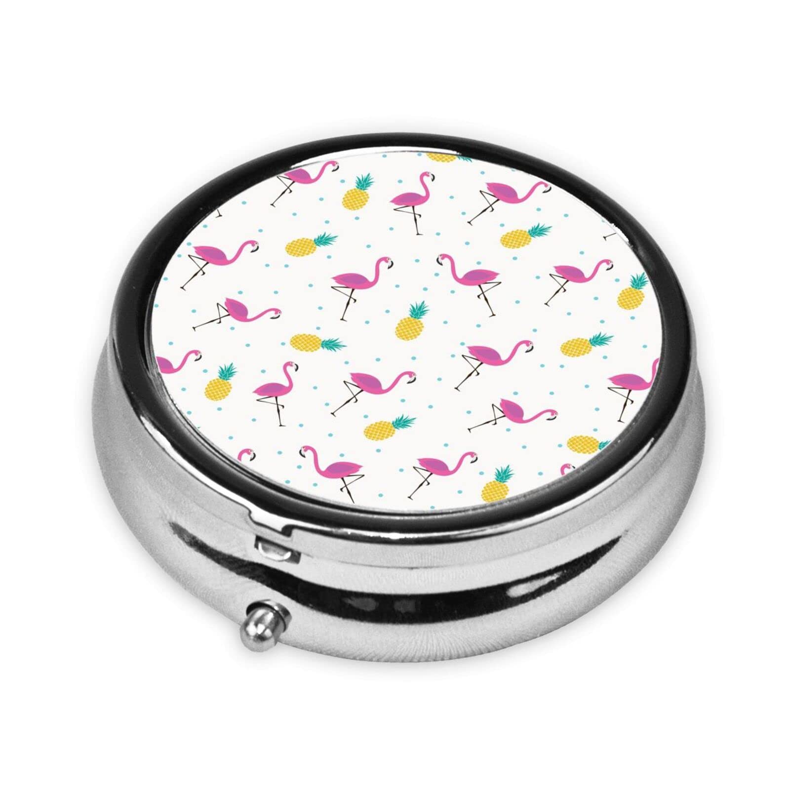 Flamingo and Pineapple Round Mini Pill Box Daily Pill Dispenser Vitamin Organizer LifeIRL