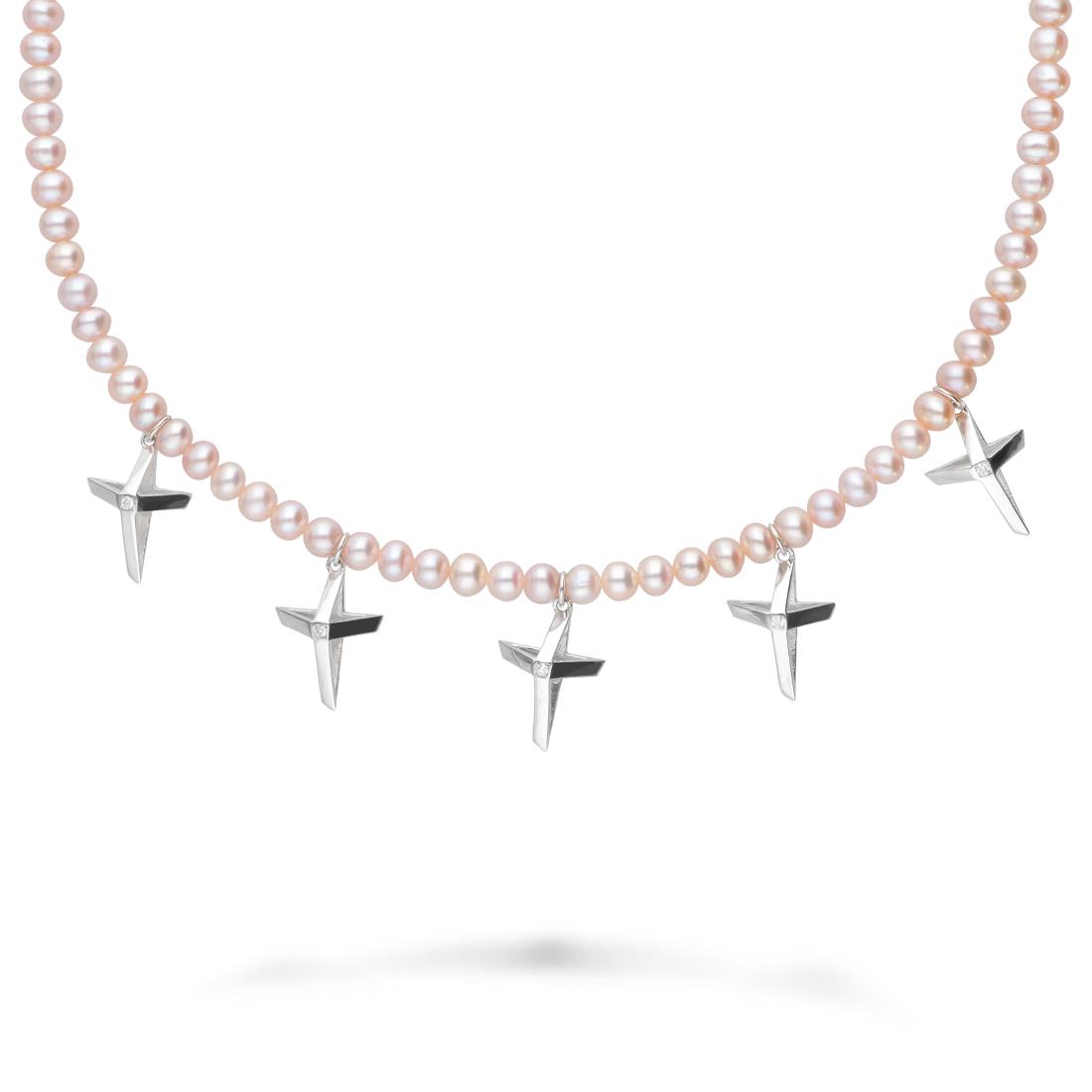 La Croce necklace with pink pearls and silver crosses ALFIERI & ST