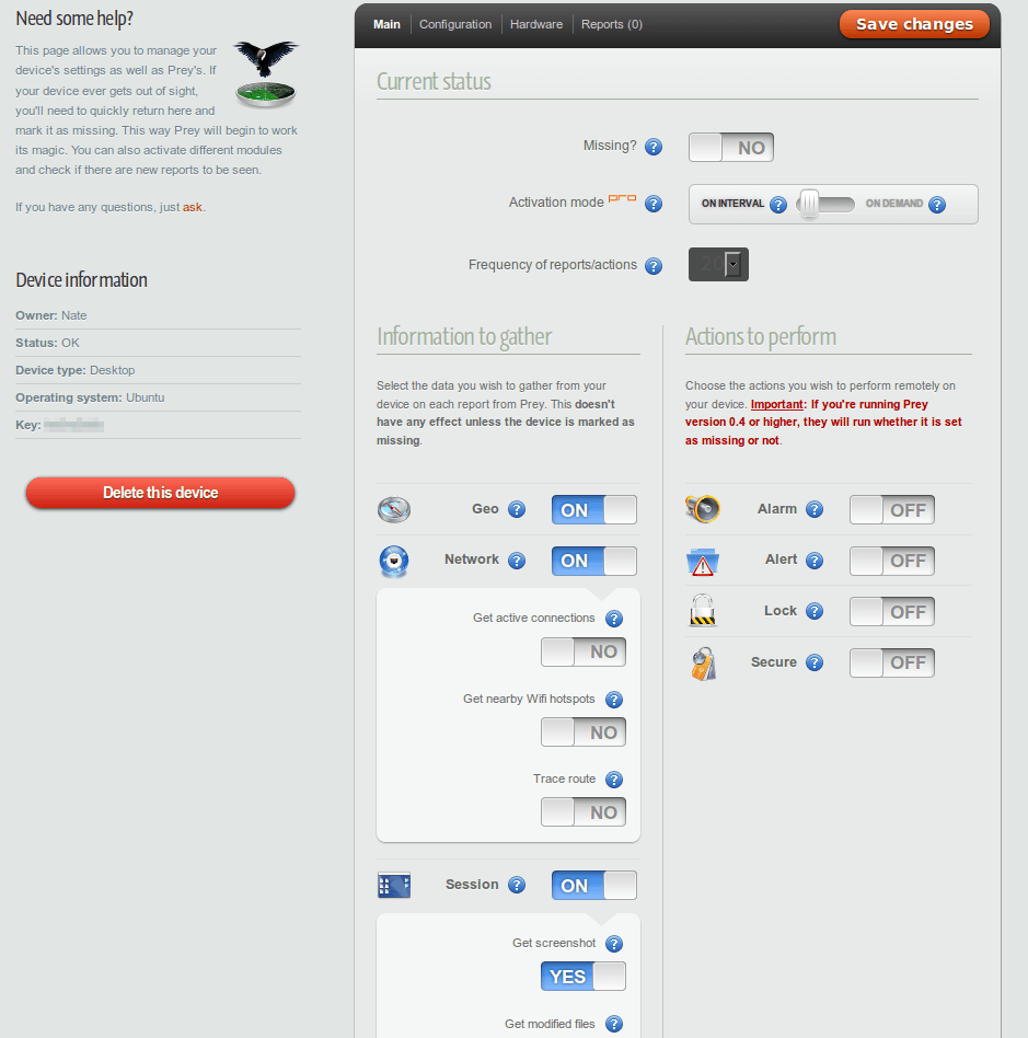 Prey control panel