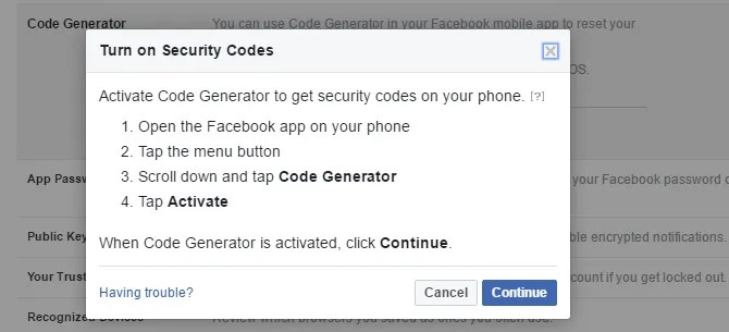 I can't access my Facebook code generator JustAnswer