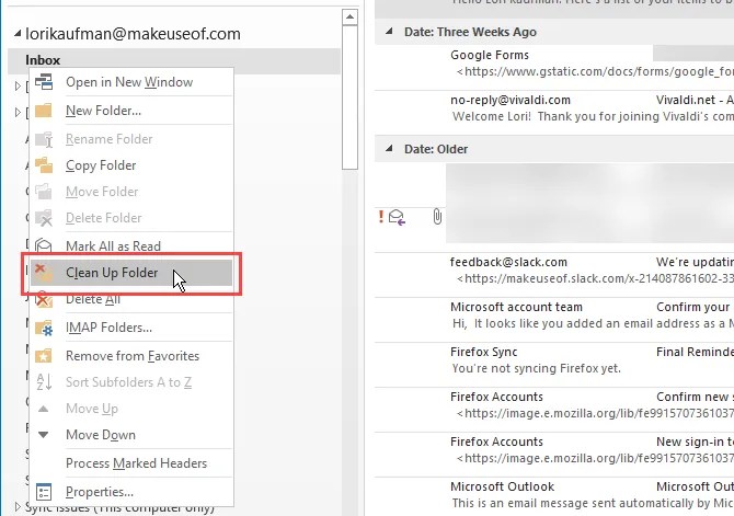 Clean Up Folder in Outlook