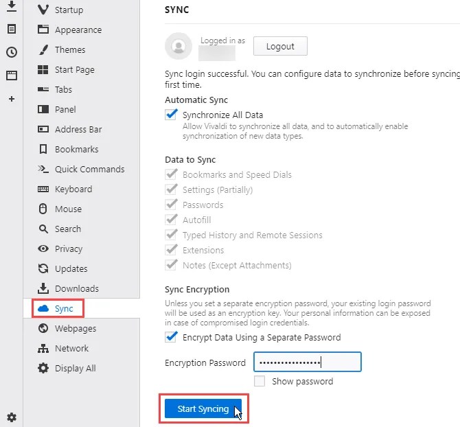 Click Start Syncing on Sync settings page in Vivaldi