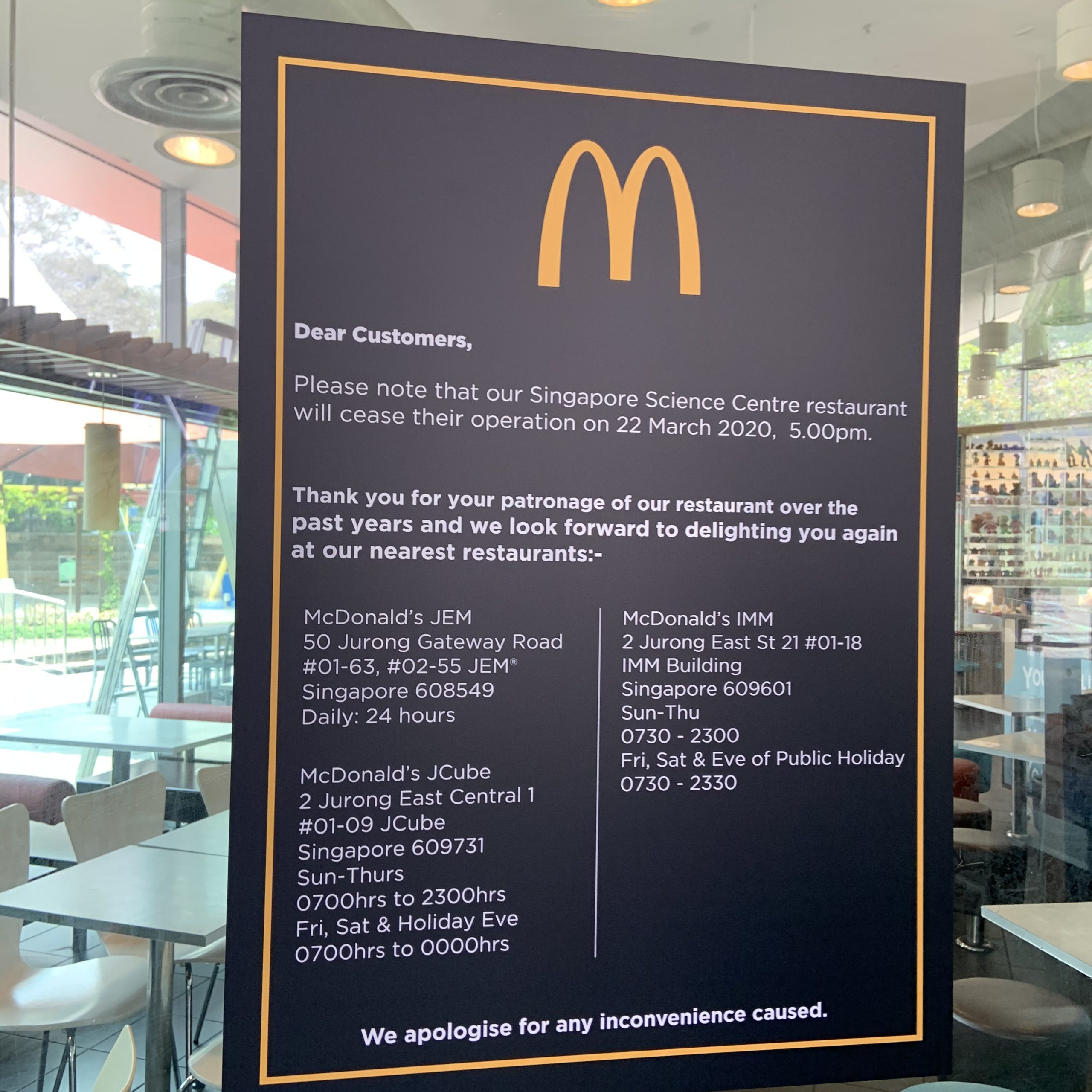 McDonald's at Science Centre to close permanently from Mar. 22, 2020