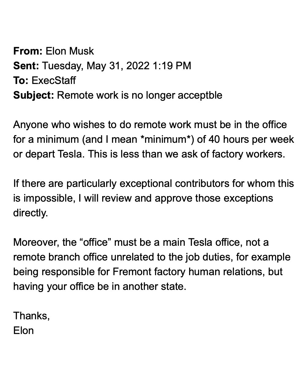 Elon Musk tells Tesla workers stop working from home or quit