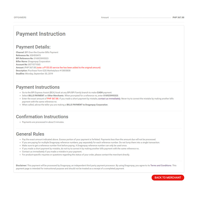 Checkout with BPI Over the Counter Bill payment (Auto) OffGamers