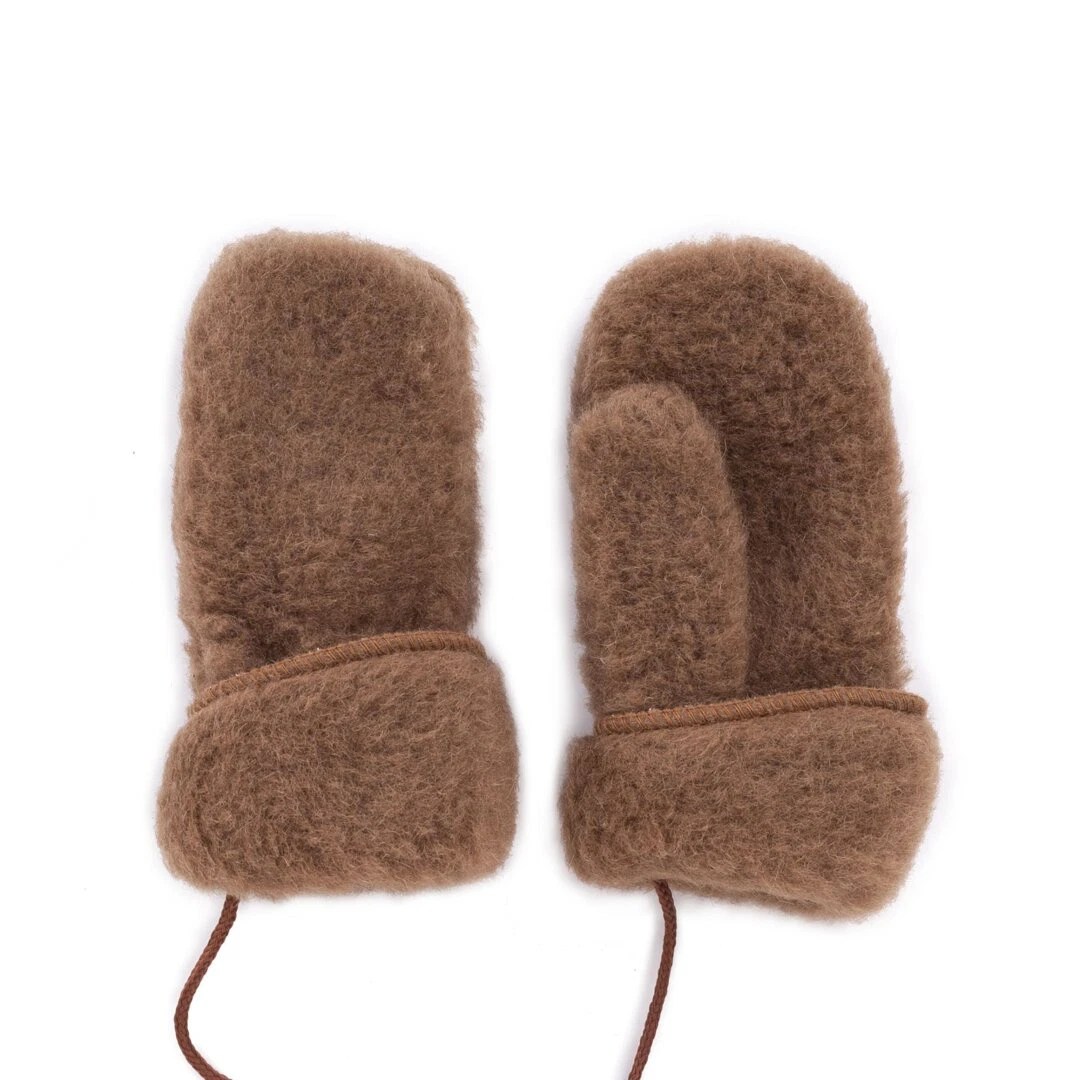 Children's Wool Mittens with String Brown