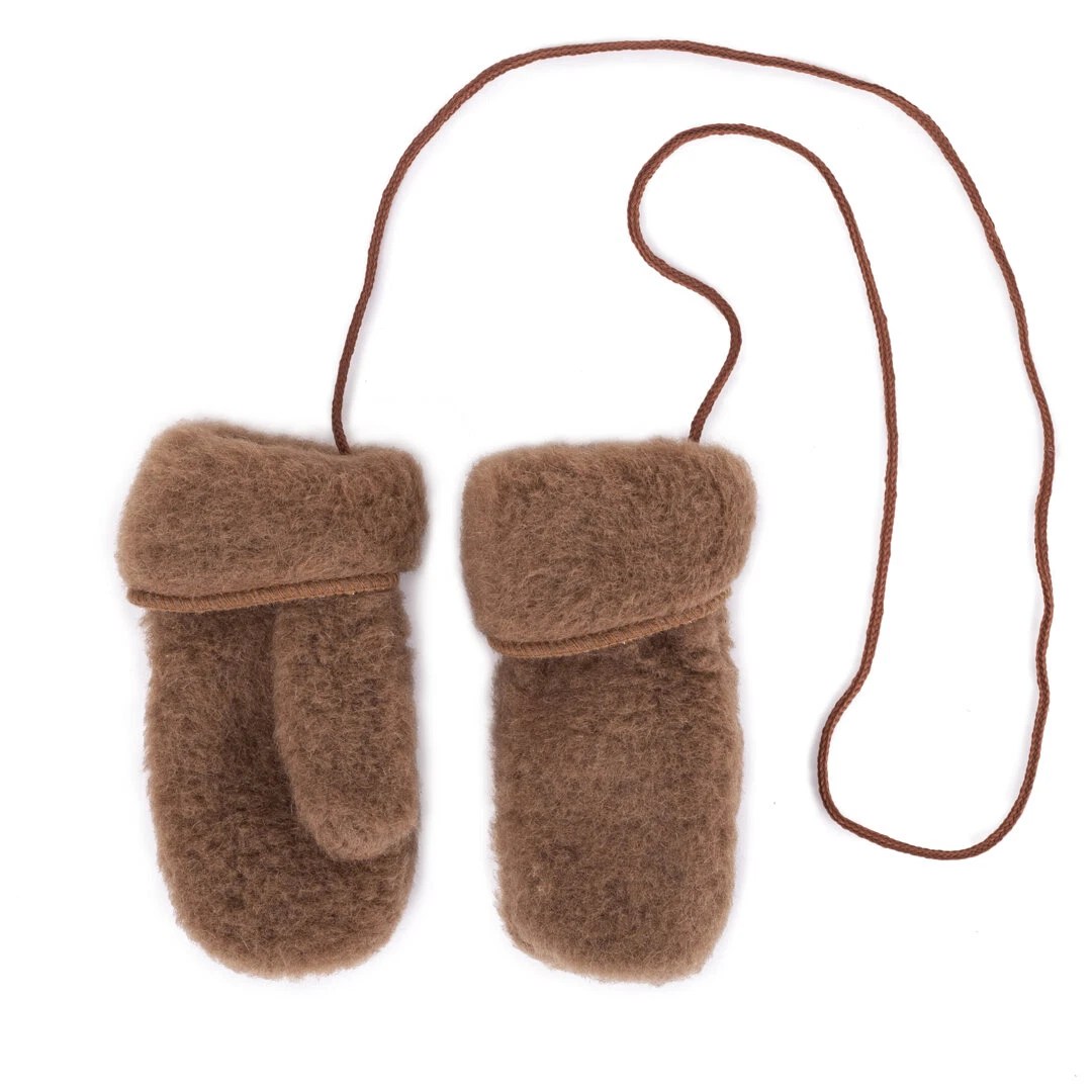 Children's Wool Mittens with String Brown
