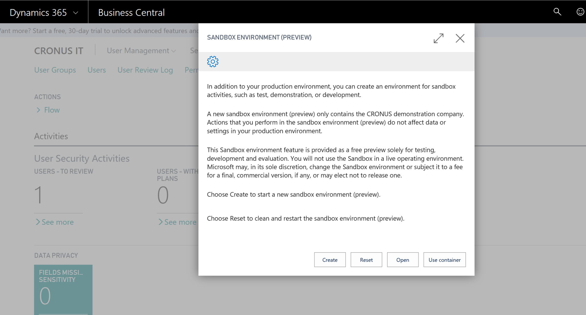 Production and Sandbox Environments Business Central