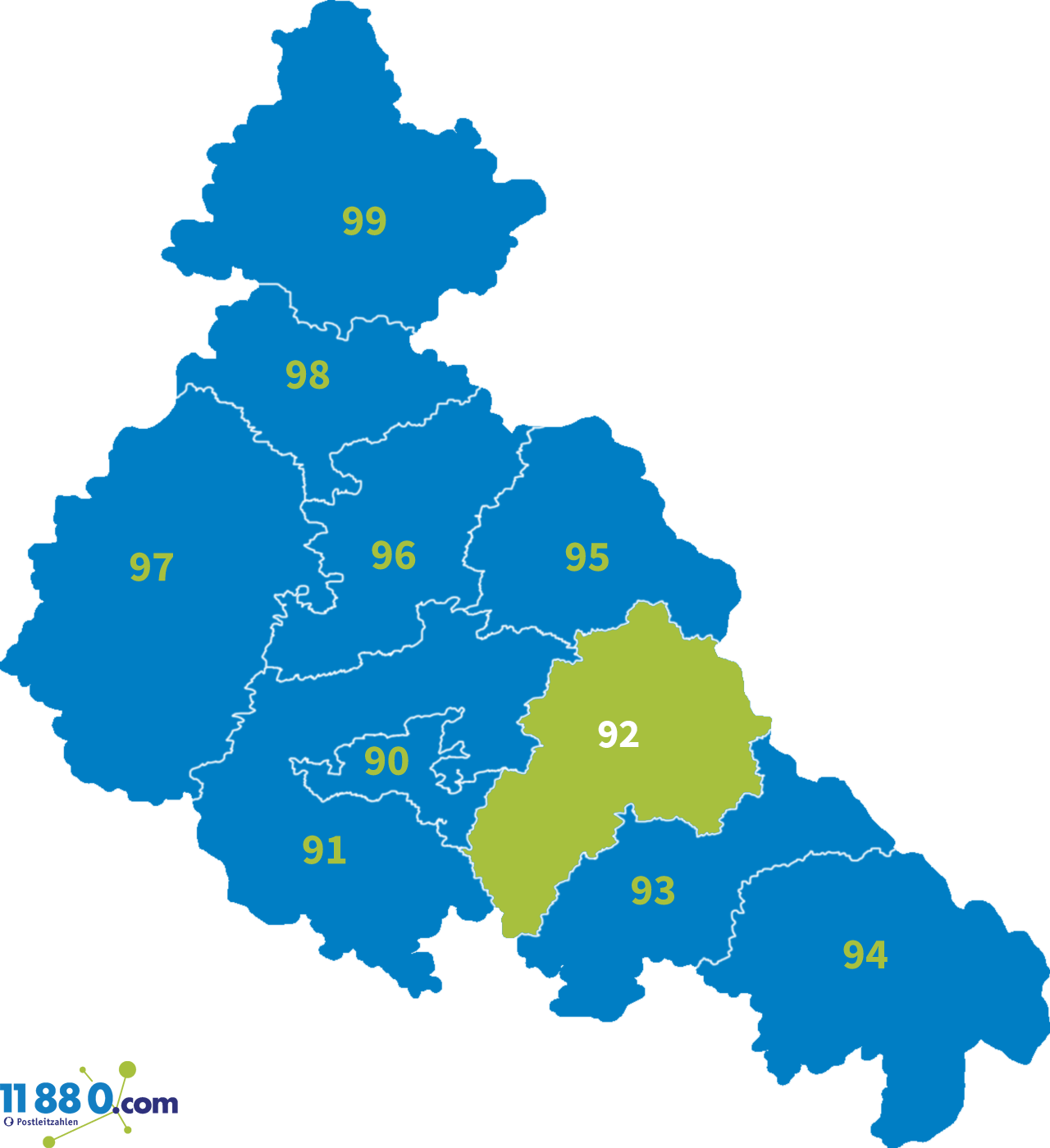 Postleitzahlen Mittelfranken Karte PLZ 92 Postleitzahl Bereich 92 » postleitzahlen.de