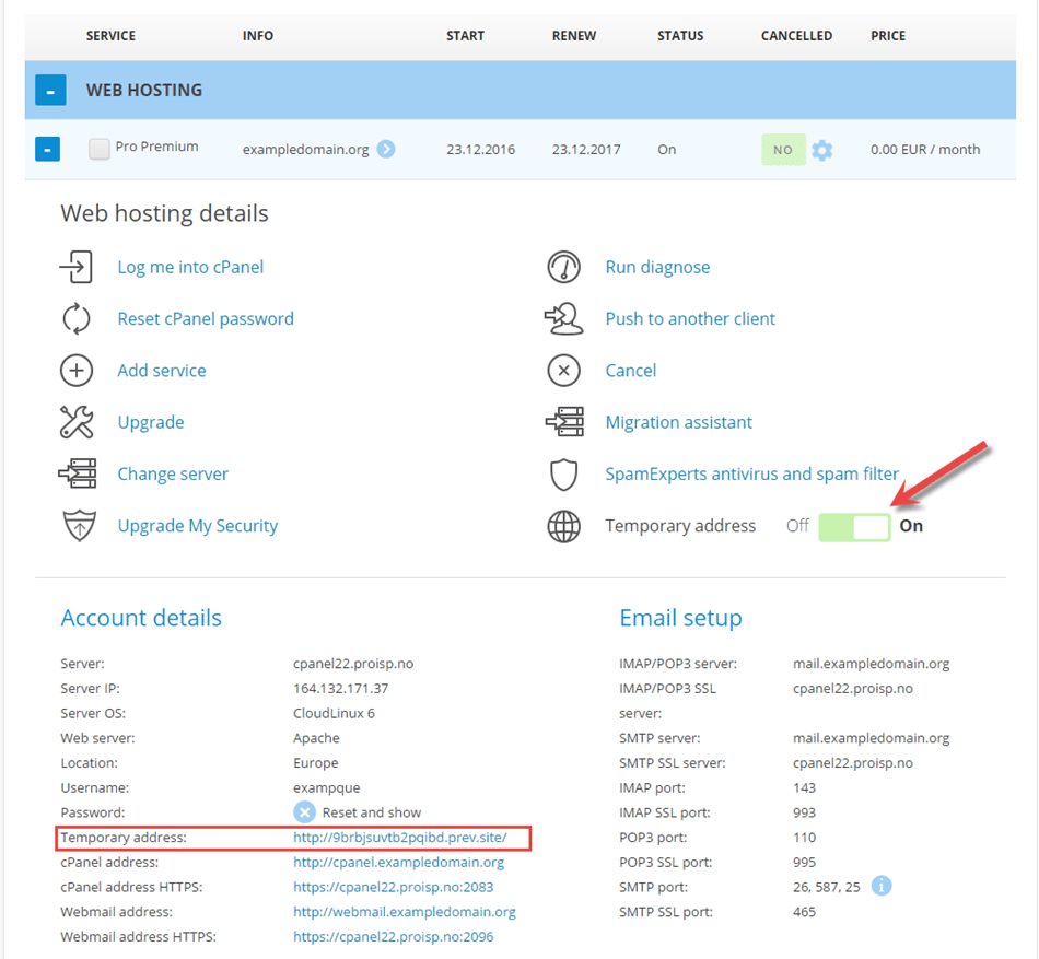 How to activate temporary address for my web hosting PRO ISP