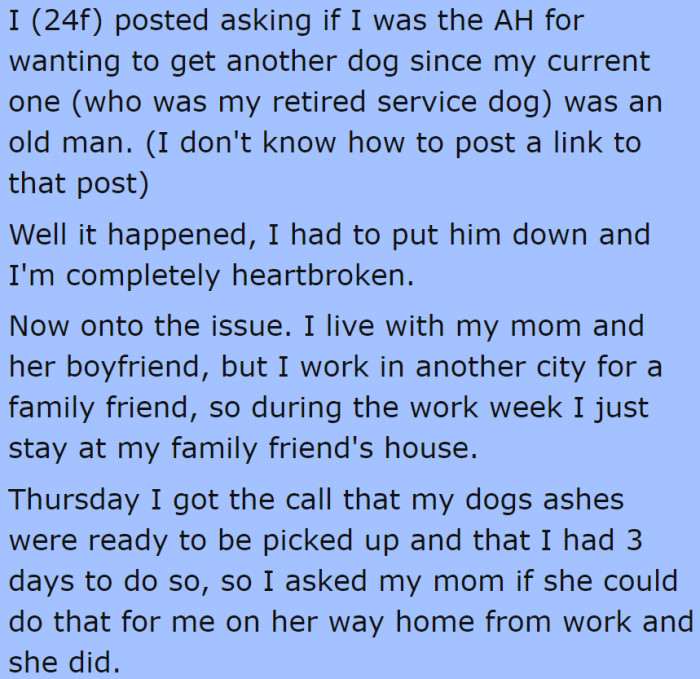 Woman Flips Out After Her Mom's Boyfriend Threw Her Dog's Ashes Away